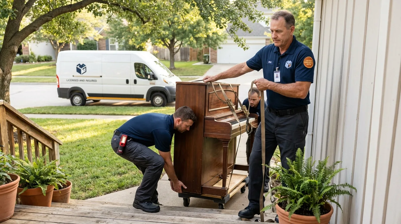 Licensed piano movers securing grand piano in Ravena, NY