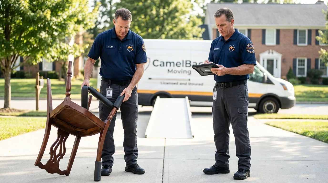 Movers inspecting furniture for damage prevention before loading in Ravena, NY