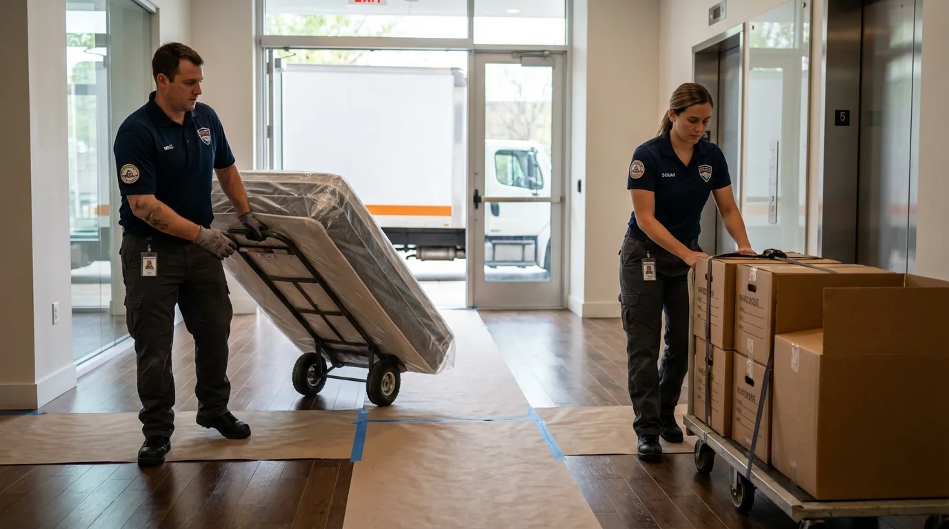 Professional apartment movers loading elevator in Ravena, NY