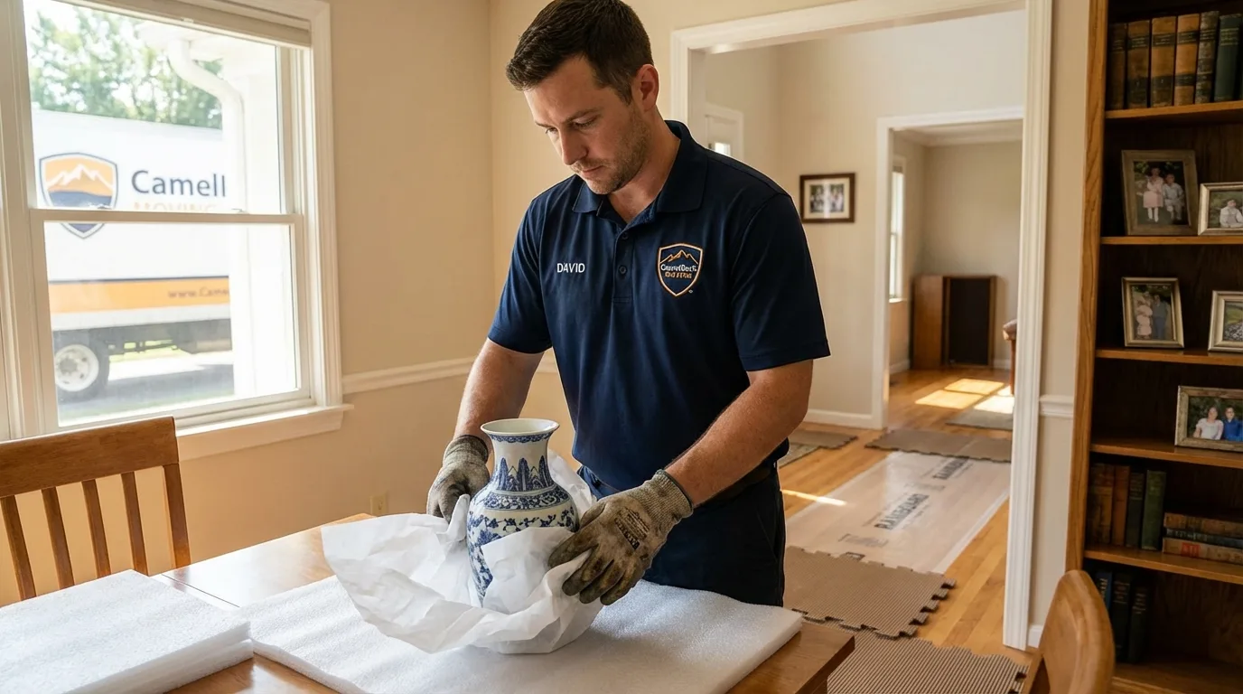 Professional crew carefully wrapping antique vase for senior downsizing move in Ravena, NY